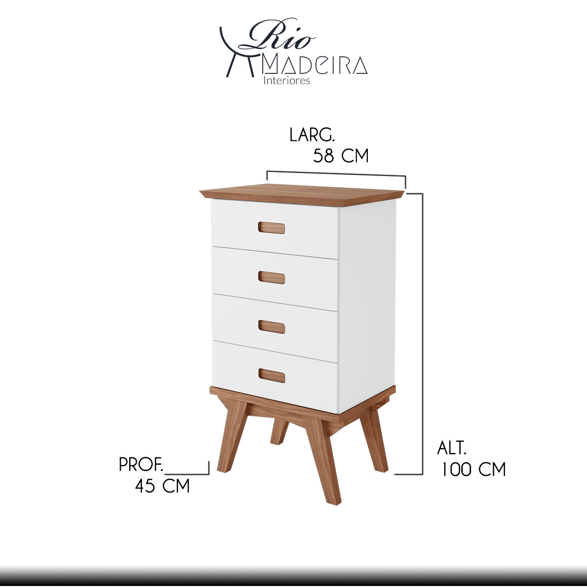 Cômoda Retrô Pé Palito 100 Cm 4 Gavetas Madeira Maciça Imbuia Branco Laca