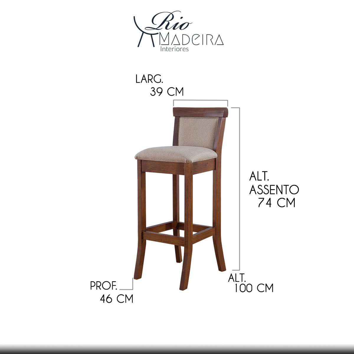 Kit 2 Banquetas Estofadas Alta Com Encosto 39 x 100 Cm Mônaco Madeira Imbuia Linho Bege M58