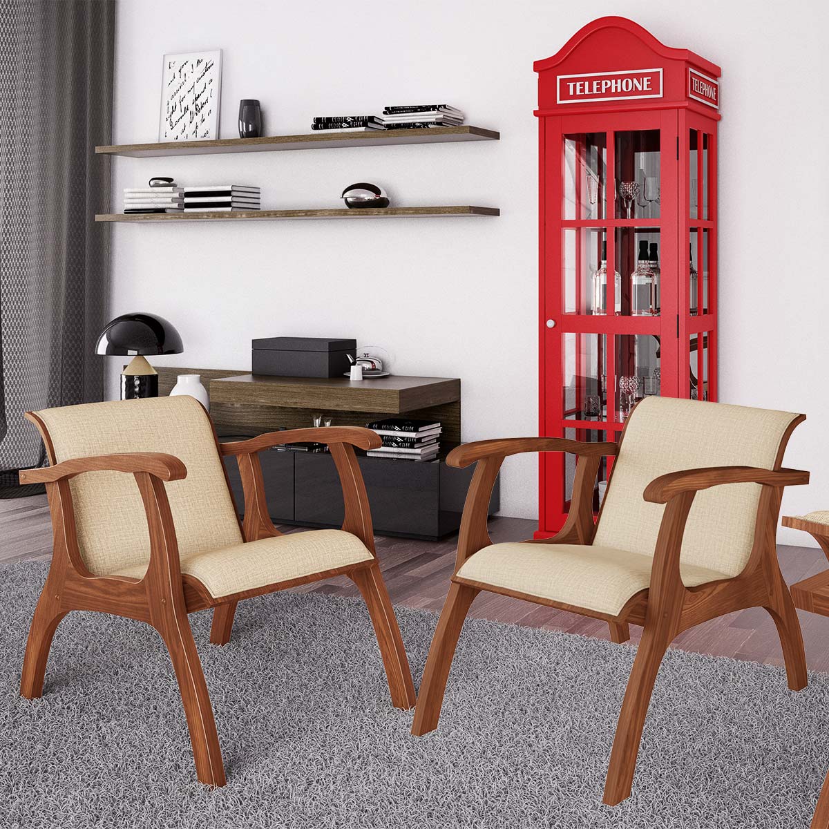 Kit 2 Poltronas Estofada Para Sala Barcelona 60 Cm Pés Madeira Bege Claro L60