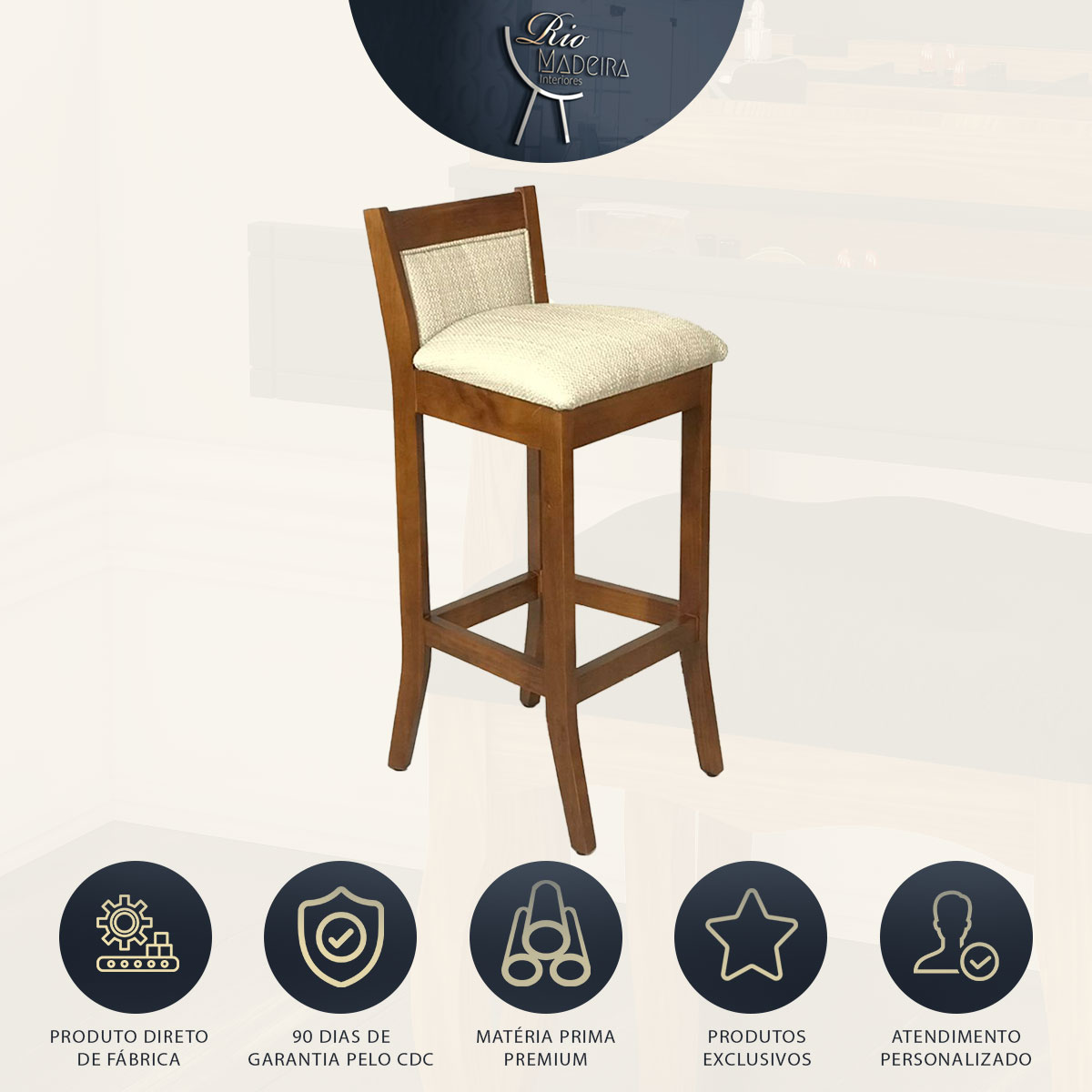 Kit 3 Banquetas Estofadas Alta Lucca 38 Cm Pés Madeira Maciça Imbuia Para Bancada Bar L57 - RMI - Imagem 4