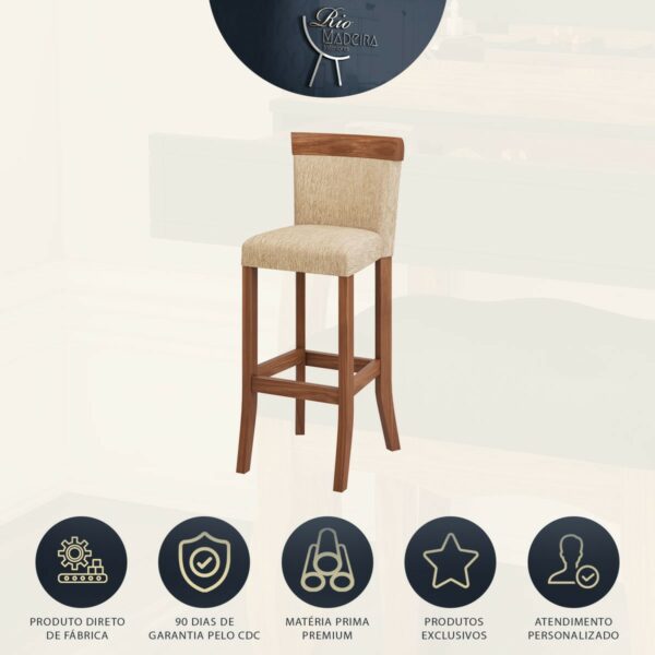 Kit 6 Banquetas Estofadas Altas 100 x 39 Cm Madeira Maciça Imbuia Para Bar Bistrô Bancada - RMI - Imagem 4