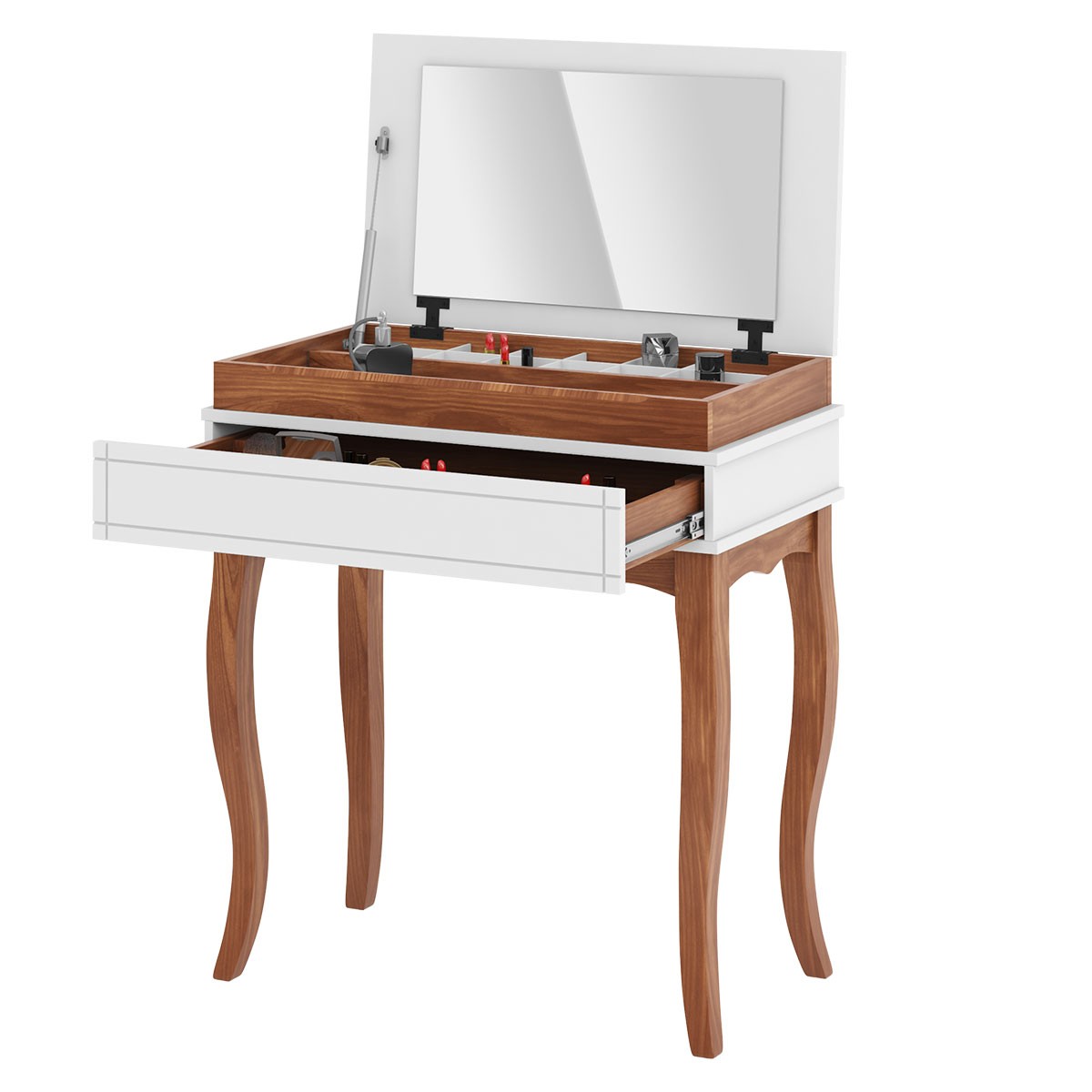 Penteadeira Austrália Retrô Pés Luiz XV Madeira Maciça 01 Gaveta 73Cm Branco Laca